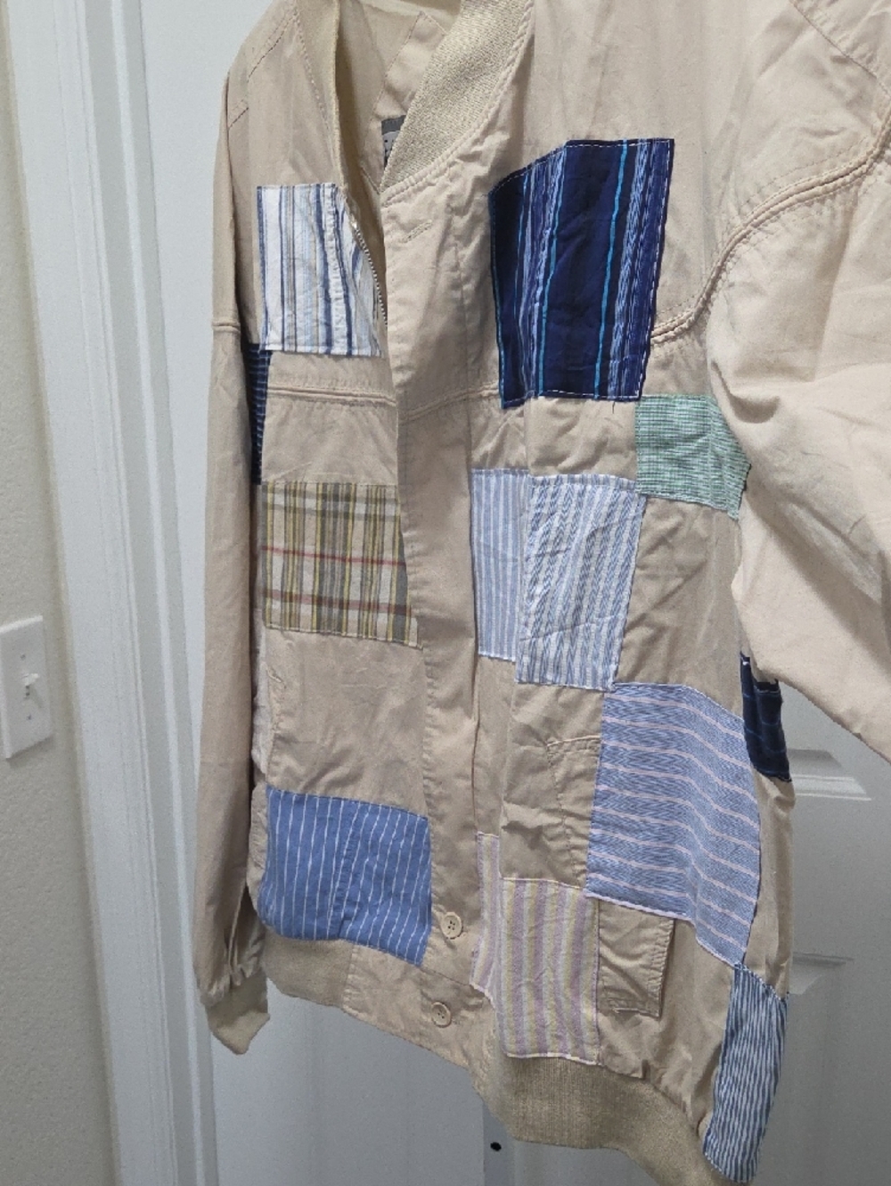 Beige Patchwork Bomber Jacket - - Picture 3 of 4